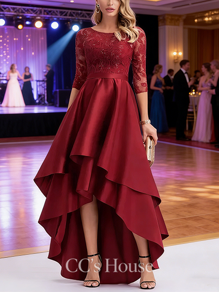 A-line Sequined Scoop Asymmetrical Satin Lace Prom Dresses With Sequins