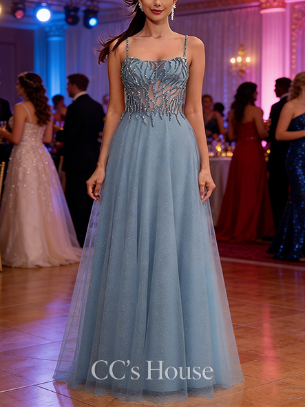 A-line Sparkling Sweetheart Floor-Length Tulle Prom Dresses With Rhinestone Beading Sequins