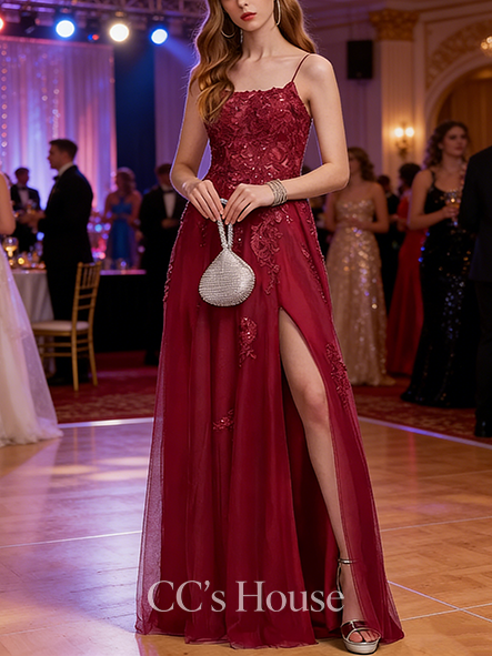 A-line Lace Sequin Square Floor-Length Tulle Lace Prom Dresses With Sequins