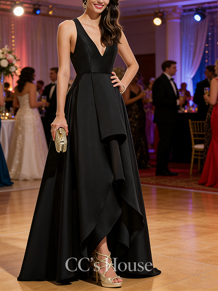 A-line Chic V-Neck Asymmetrical Satin Prom Dresses