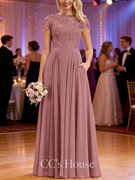 A-line Sequined Scoop Floor-Length Lace Chiffon Prom Dresses With Sequins