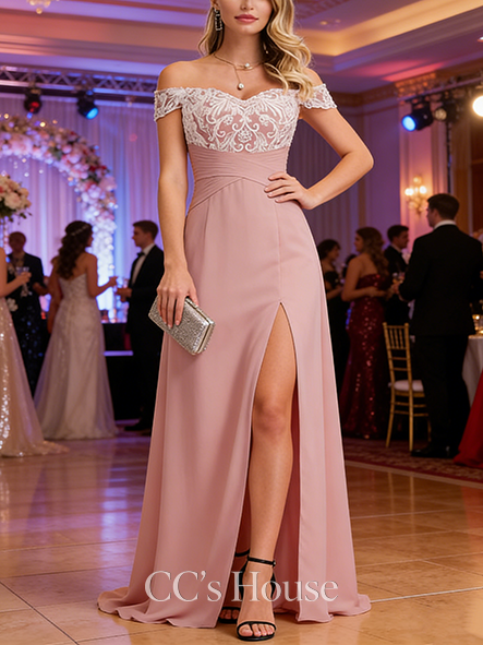 A-line Pleated Off the Shoulder Asymmetrical Lace Chiffon Prom Dresses With Pleated