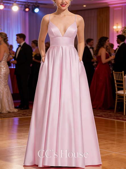 A-line Satin V-Neck Floor-Length Satin Prom Dresses