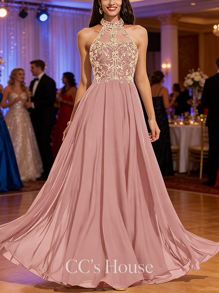 A-line Beaded High Neck Floor-Length Chiffon Prom Dresses With Beading Sequins