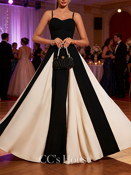 A-line Modern Sweetheart Floor-Length Charmeuse Stretch Crepe Prom Dresses With Black and White