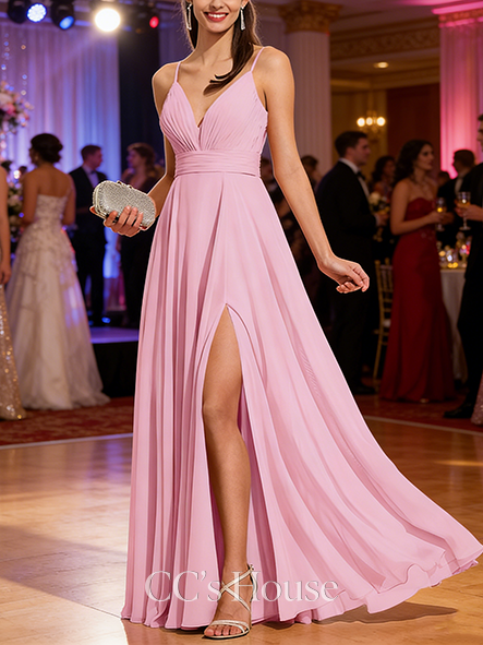 A-line Ruffled V-Neck Floor-Length Chiffon Prom Dresses With Ruffle