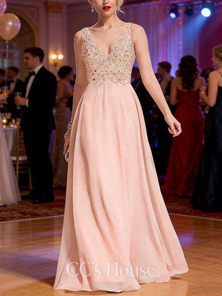 A-line Beaded V-Neck Floor-Length Chiffon Prom Dresses With Sequins Beading