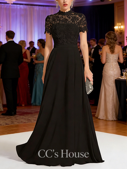 A-line Lace Chiffon High Neck Floor-Length Lace Chiffon Prom Dresses