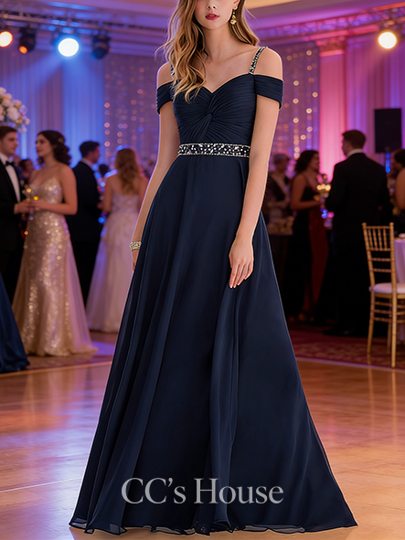 A-line Pleated V-Neck Cold Shoulder Floor-Length Chiffon Prom Dresses With Pleated Sequins Beading