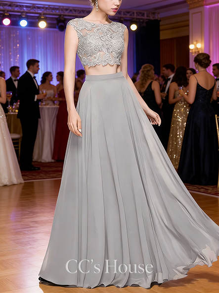 A-line Beaded Scoop Floor-Length Chiffon Lace Prom Dresses With Sequins Beading