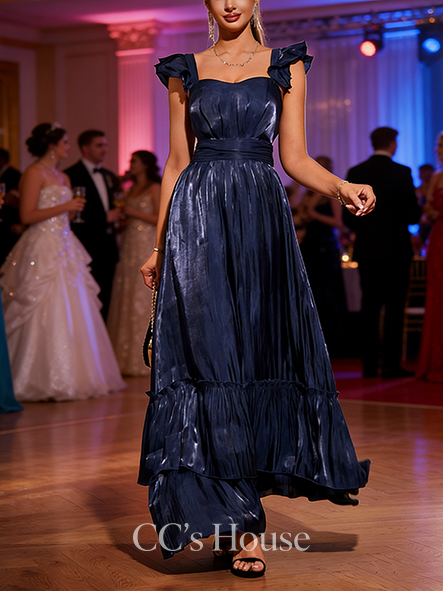 A-line Airy Square Floor-Length Organza Prom Dresses With Ruffle