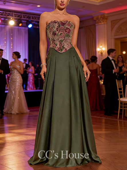Strapless A-line Luxury Satin Jacquard Floor-Length Prom Dresses