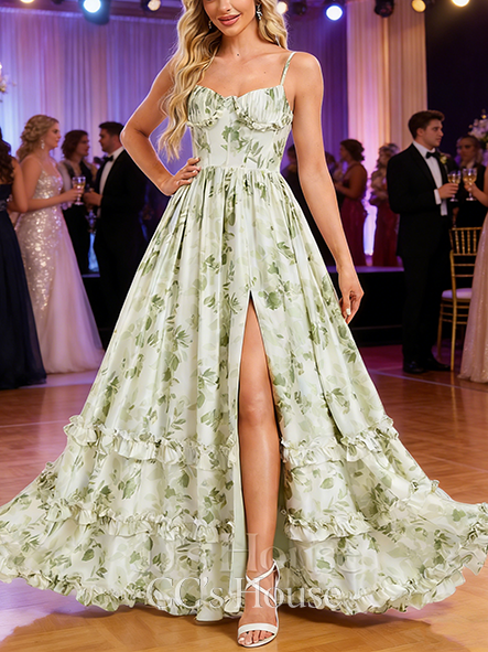 A-line Ruffled Sweetheart Floor-Length Satin Prom Dresses With Pleated Ruffle