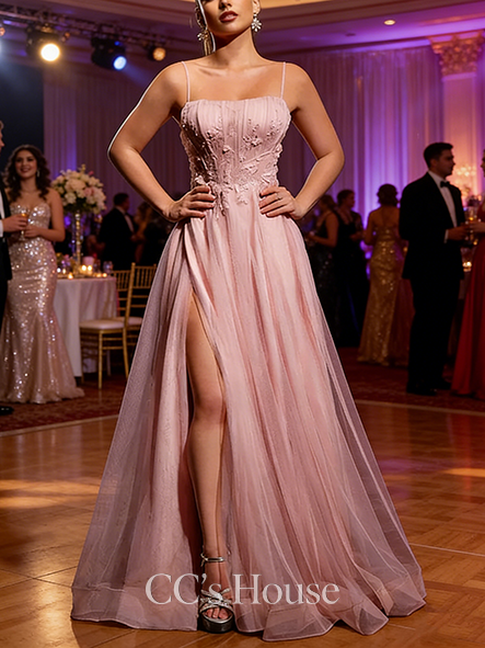 A-line Neat Straight Floor-Length Tulle Prom Dresses With Pleated Sequins Appliques Lace