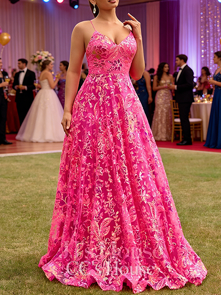 A-line Sequined V-Neck Floor-Length Sequin Prom Dresses With Sequins