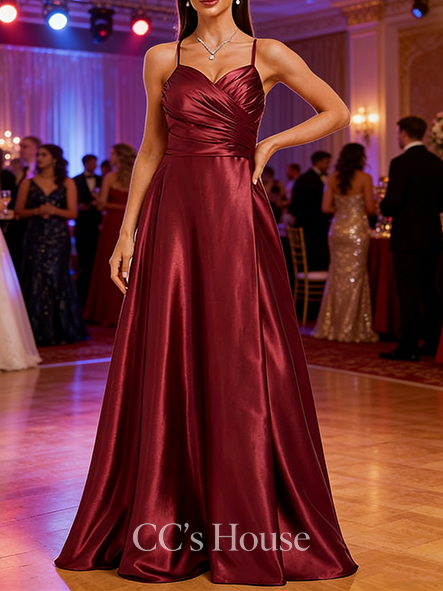 A-line Fitted V-Neck Floor-Length Stretch Satin Prom Dresses With Pleated
