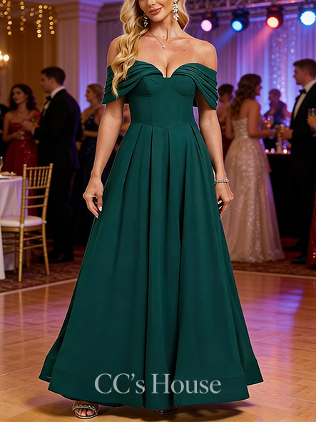 A-line Off-shoulder Off the Shoulder Floor-Length Chiffon Prom Dresses With Pleated