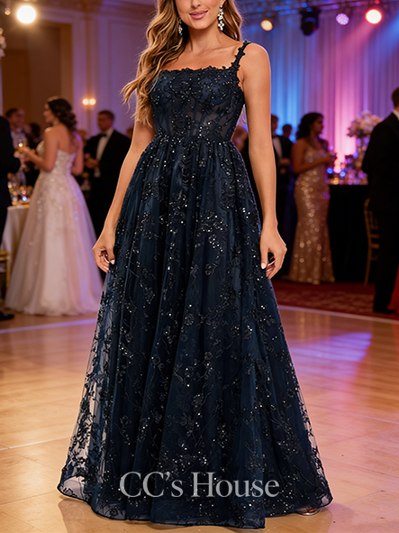 A-line Floral Lace Square Floor-Length Organza Lace Floral Prom Dresses With Sequins