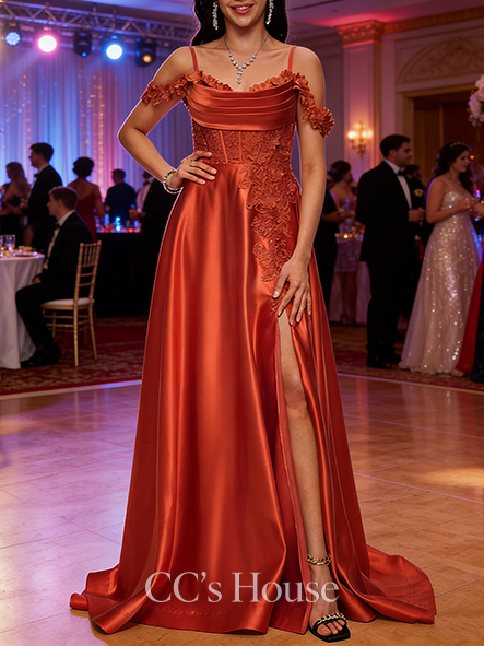 A-line Rhinestone-embellished Cold Shoulder Sweep Train Satin Prom Dresses With Rhinestone