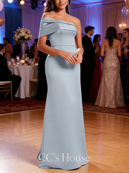 A-line Off-shoulder Chic Asymmetrical Off the Shoulder Floor-Length Satin Prom Dresses