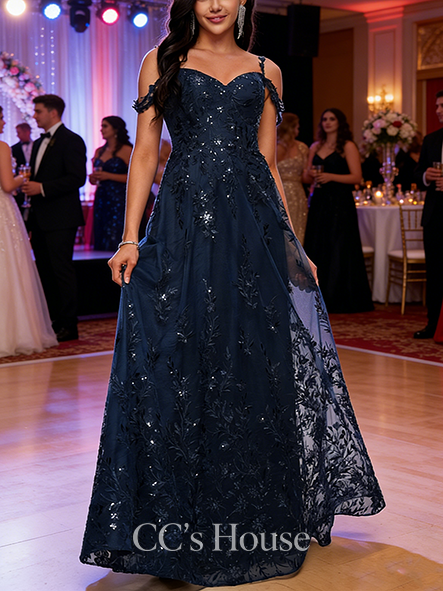 A-line Lace Sequin V-Neck Floor-Length Lace Prom Dresses With Sequins