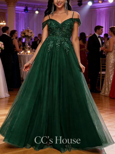 A-line Cold Shoulder Tulle Cold Shoulder Floor-Length Tulle Prom Dresses With Sequins Appliques Lace