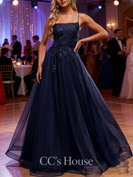 A-line Tulle Sequin Straight Floor-Length Tulle Prom Dresses With Sequins