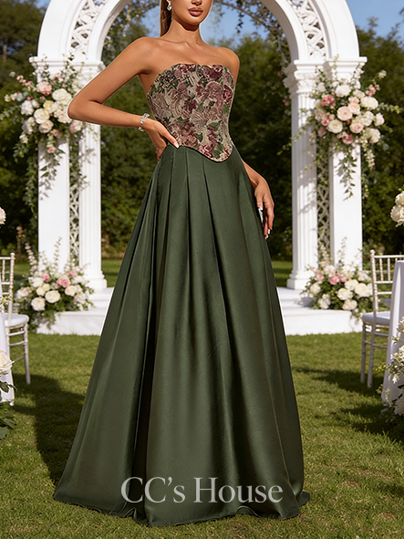 Strapless A-line Wedding Guest Dress Graceful Satin Jacquard Floor-Length Prom Dresses