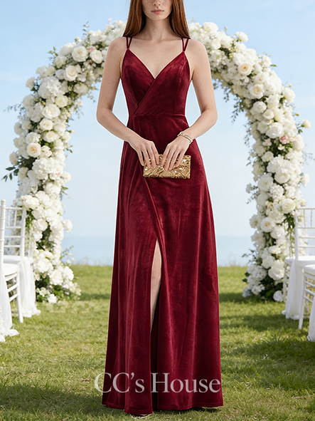 A-line Wedding Guest Dress Sophisticated V-Neck Floor-Length Velvet Bridesmaid Dress