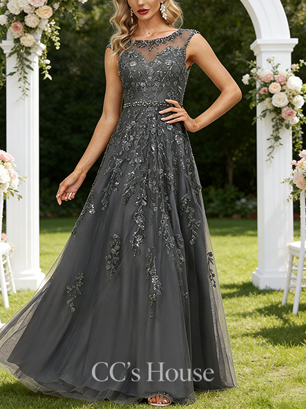 A-line Wedding Guest Dress Exquisite Scoop Illusion Floor-Length Lace Tulle Mother of the Bride Dress With Sequins Beading