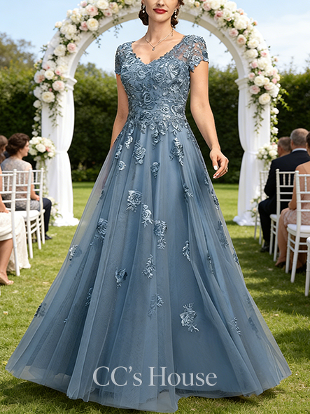 A-line Wedding Guest Dress Stylish V-Neck Floor-Length Tulle Lace Mother of the Bride Dress With Sequins