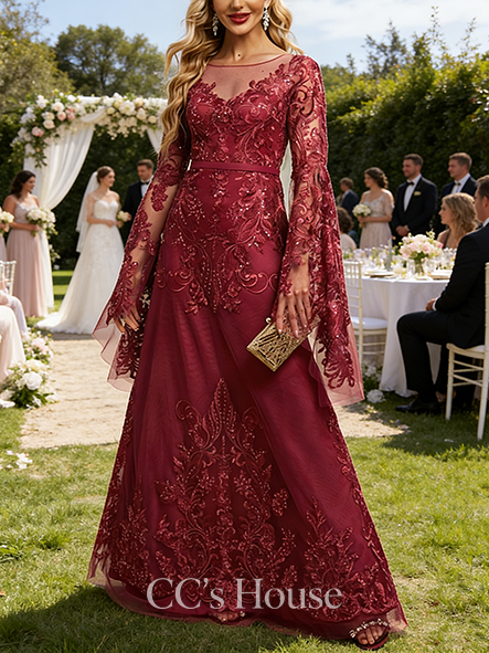 A-line Wedding Guest Dress Glamorous Scoop Illusion Floor-Length Tulle Lace Evening Dress With Sequins