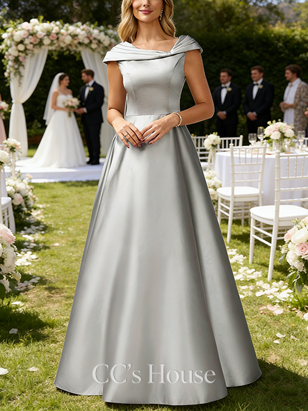 A-line Wedding Guest Dress Vintage Asymmetrical Floor-Length Satin Evening Dress With Pleated