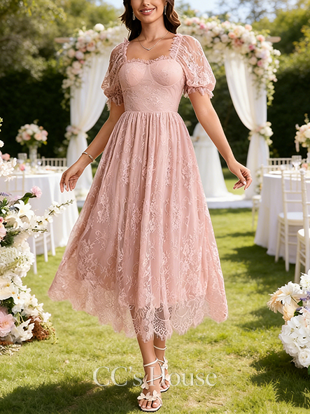 Square Short Sleeve A-line Wedding Guest Dress Elegant Lace Midi Dress