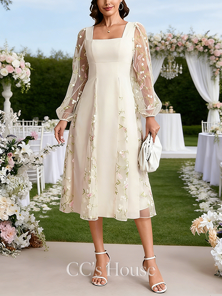 Embroidered Square Long Sleeve A-line Wedding Guest Dress Gorgeous Lace Midi Dress