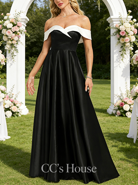 A-line Wedding Guest Dress Classy Off the Shoulder Floor-Length Satin Bridesmaid Dress With Black and White