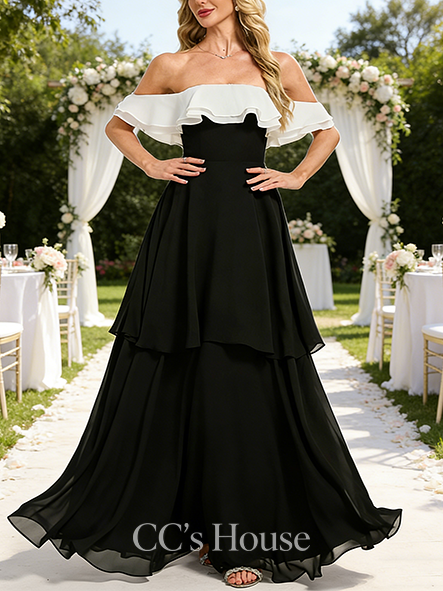 A-line Wedding Guest Dress Dainty V-Neck Floor-Length Chiffon Bridesmaid Dress With Cascading Ruffles Black and White