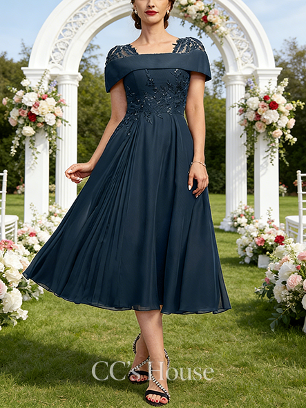 A-line Wedding Guest Dress Opulent Square Tea-Length Lace Chiffon Mother of the Bride Dress With Pleated Sequins
