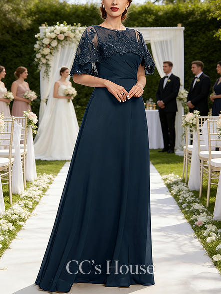 A-line Wedding Guest Dress Sleek Illusion Scoop Floor-Length Lace Chiffon Mother of the Bride Dress With Cape Sequins Pleated