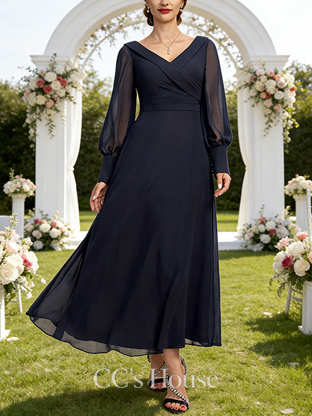 A-line Wedding Guest Dress Timeless V-Neck Collared Ankle-Length Chiffon Mother of the Bride Dress With Pleated