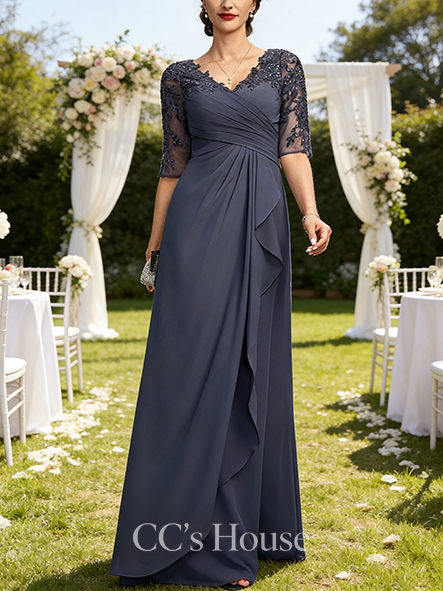 A-line Wedding Guest Dress Modern V-Neck Floor-Length Lace Chiffon Mother of the Bride Dress With Cascading Ruffles Sequins