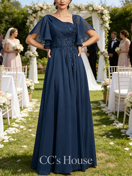 A-line Wedding Guest Dress Vintage Asymmetrical Floor-Length Lace Chiffon Mother of the Bride Dress With Pleated Sequins