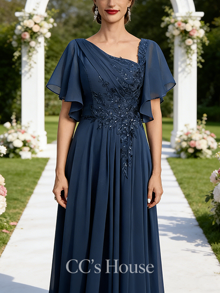 A-line Wedding Guest Dress Vintage Asymmetrical Floor-Length Lace Chiffon Mother of the Bride Dress With Pleated Sequins