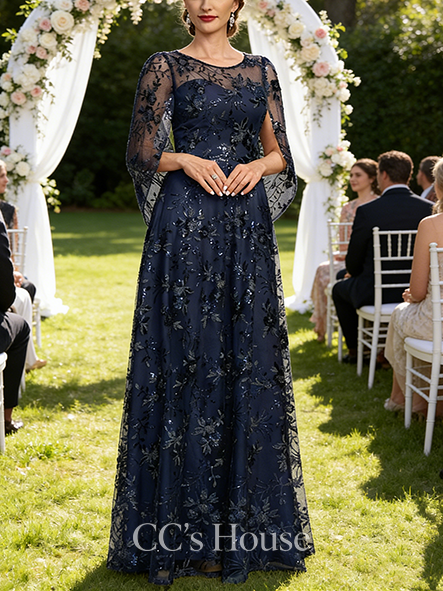 A-line Wedding Guest Dress Elegant Illusion Scoop Floor-Length Sequin Lace Mother of the Bride Dress With Cape