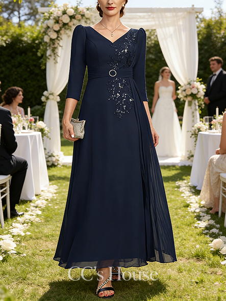 A-line Wedding Guest Dress Graceful V-Neck Ankle-Length Lace Chiffon Mother of the Bride Dress With Pleated Sequins