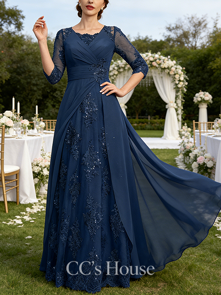A-line Wedding Guest Dress Gorgeous Square Floor-Length Lace Chiffon Mother of the Bride Dress With Pleated Sequins