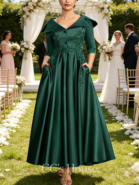 A-line Wedding Guest Dress Delicate V-Neck Collared Ankle-Length Satin Mother of the Bride Dress With Appliques Lace