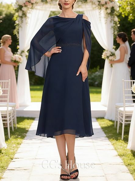 A-line Wedding Guest Dress Sophisticated Asymmetrical Cold Shoulder Tea-Length Chiffon Mother of the Bride Dress With Beading Cape Pleated