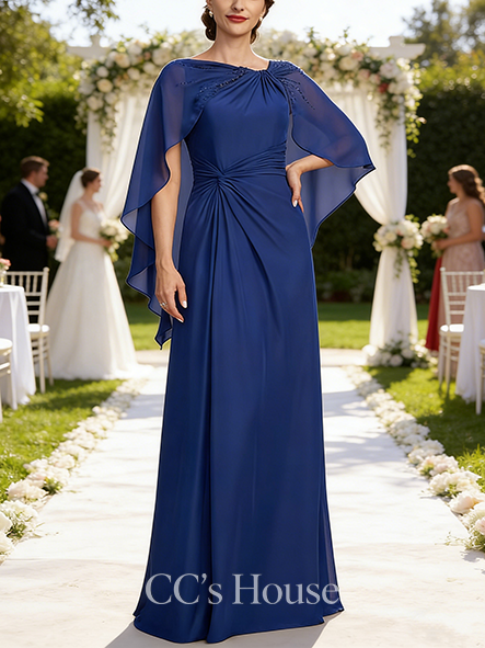 A-line Wedding Guest Dress Feminine Asymmetrical Floor-Length Chiffon Mother of the Bride Dress With Beading Cape Pleated