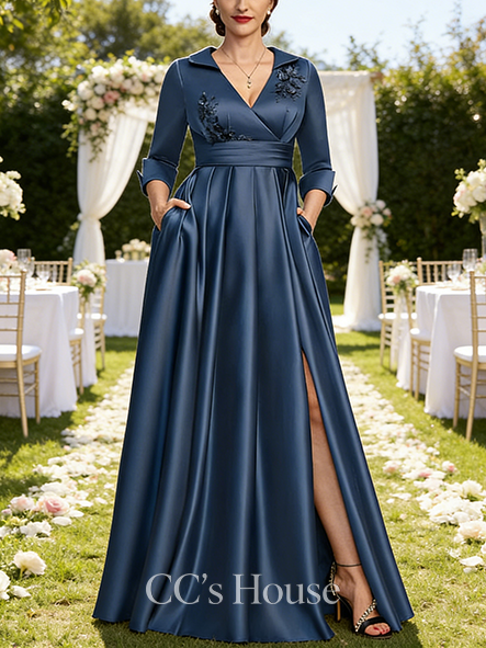 A-line Wedding Guest Dress Stylish V-Neck Collared Floor-Length Satin Mother of the Bride Dress With Beading 3D Floral Sequins Pleated